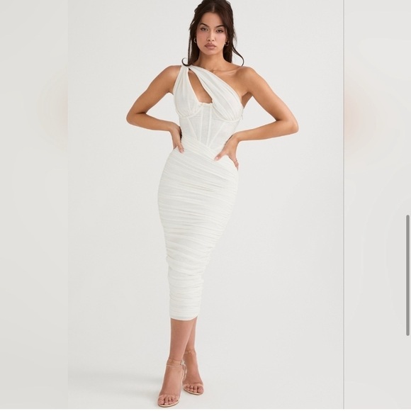 House of CB Valentina Ivory Asymmetric Cutout Midi Dress - Picture 6 of 9